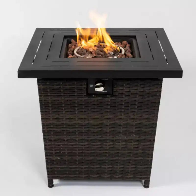 Tavolo Fuoco in Rattan, Tavolo Fuoco Quadrato in Vimini, Focolare Esterno Regolabile in Rattan Intrecciato per Giardino, Cortile