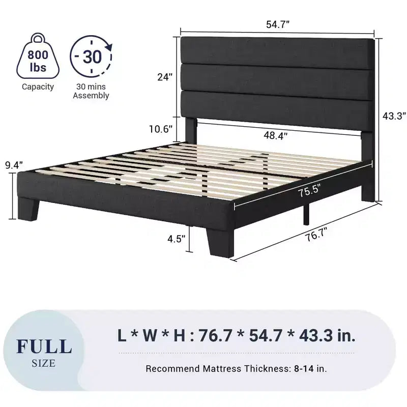 Struttura letto con testiera imbottita in tessuto e supporto a doghe in legno, base materasso completamente imbottita/Nessuna necessità di box spring