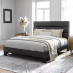 Struttura letto con testiera imbottita in tessuto e supporto a doghe in legno, base materasso completamente imbottita/Nessuna necessità di box spring