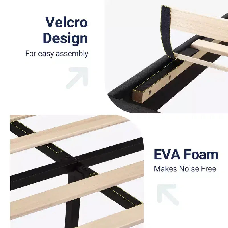 Struttura letto con testiera imbottita in tessuto e supporto a doghe in legno, base materasso completamente imbottita/Nessuna necessità di box spring