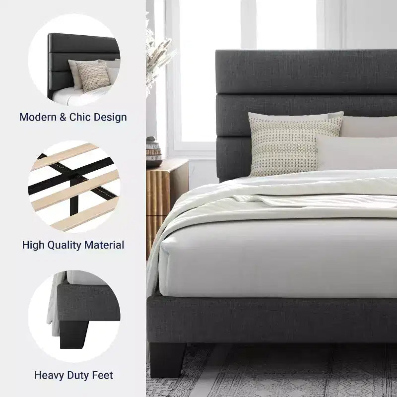 Struttura letto con testiera imbottita in tessuto e supporto a doghe in legno, base materasso completamente imbottita/Nessuna necessità di box spring