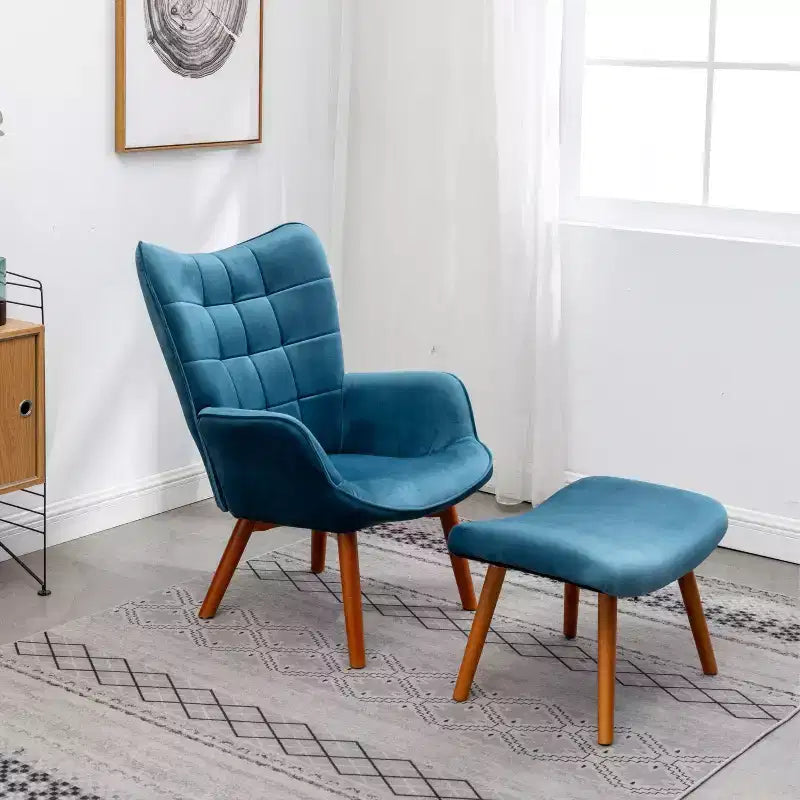 Poltrona accent Leiria in velluto liscio trapuntato con poggiapiedi, blu