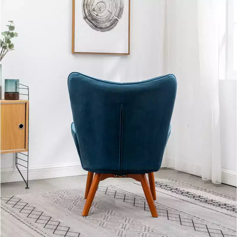 Poltrona accent Leiria in velluto liscio trapuntato con poggiapiedi, blu