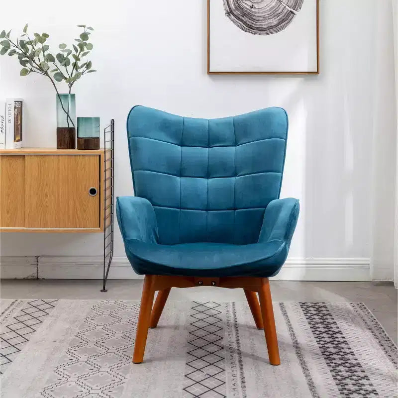 Poltrona accent Leiria in velluto liscio trapuntato con poggiapiedi, blu