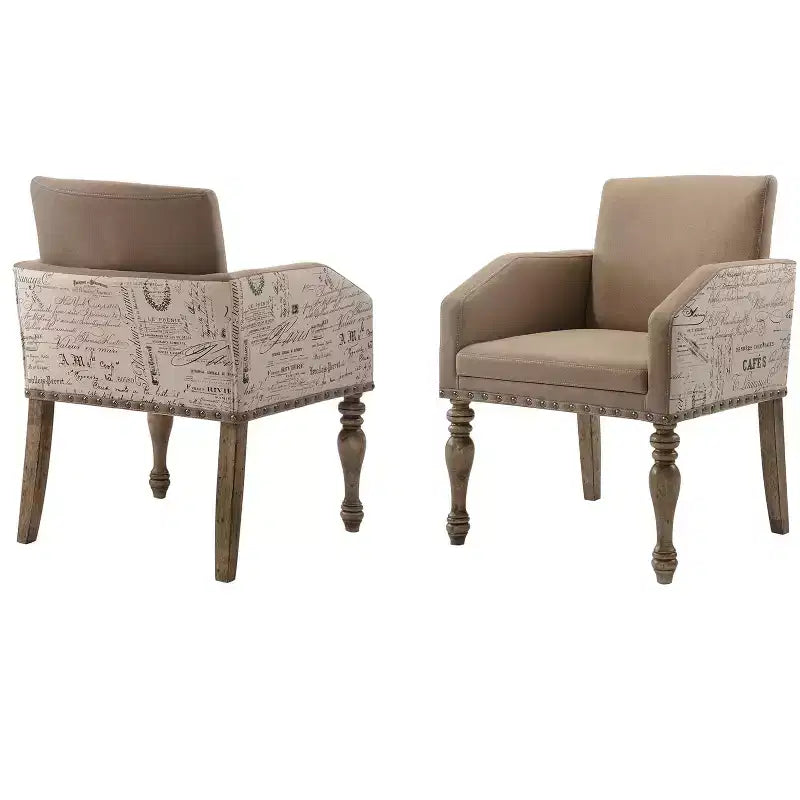 Sedia da pranzo con braccioli in finitura Driftwood e script Birmingham stampato, con borchie, set da 2