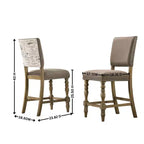 Sedia da pranzo in altezza bancone con stampa Birmingham Script e finitura Driftwood, con borchie, set da 2