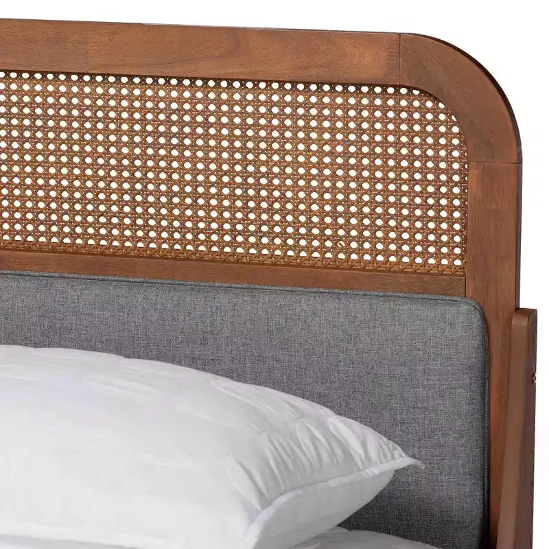 Letto a piattaforma in tessuto e legno Grigio/Noce cenere: imbottito, non è necessaria la rete a molle