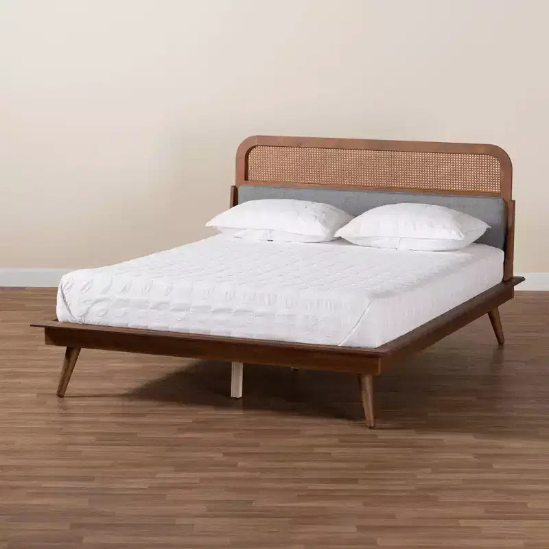Letto a piattaforma in tessuto e legno Grigio/Noce cenere: imbottito, non è necessaria la rete a molle