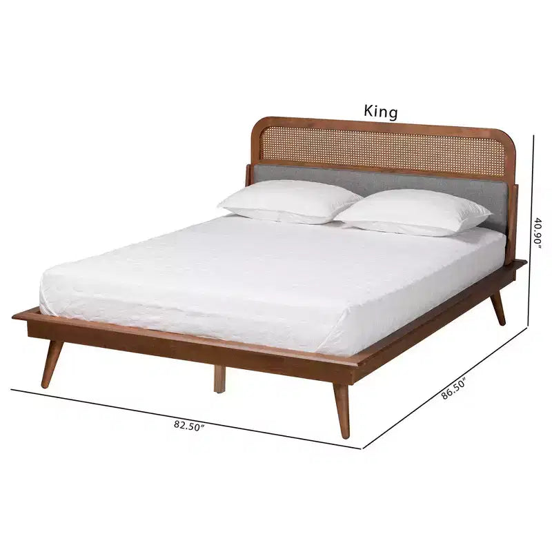 Letto a piattaforma in tessuto e legno Grigio/Noce cenere: imbottito, non è necessaria la rete a molle